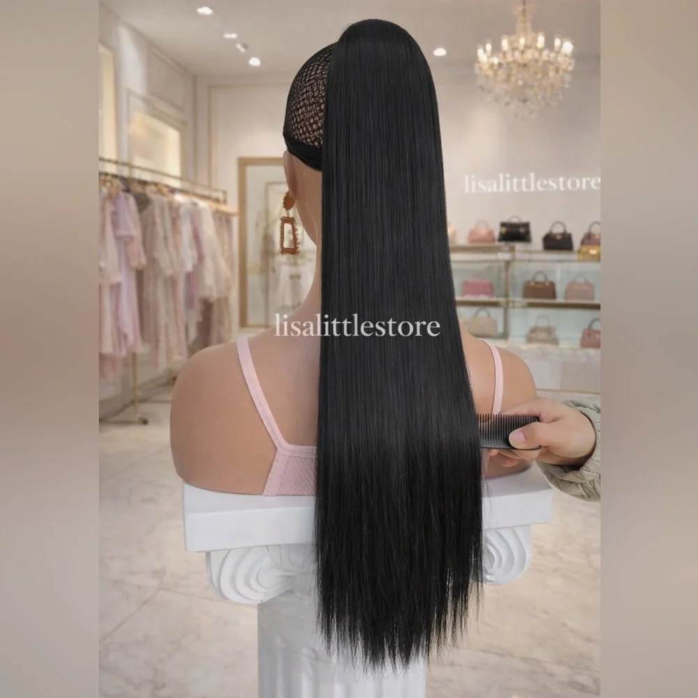 26” Human Hair Blend with Synthetic Fibers Wrap Around Ponytail Extension Black
